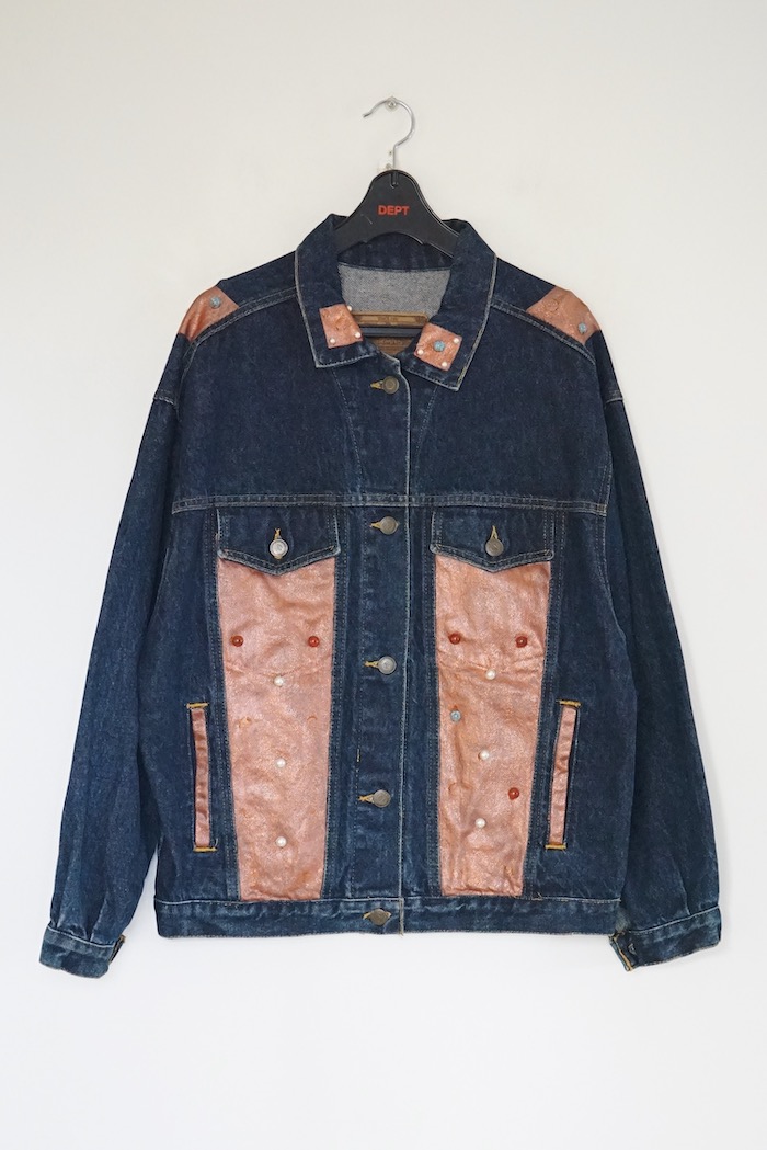 Lame × stone trimmed denim jacket