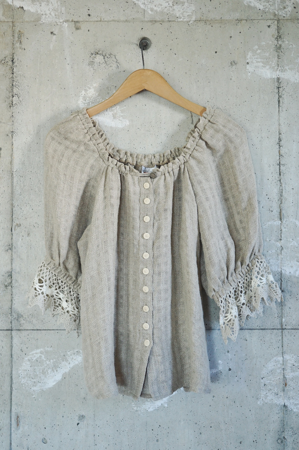 Linen Gathered Neck Puff Sleeve Blouse