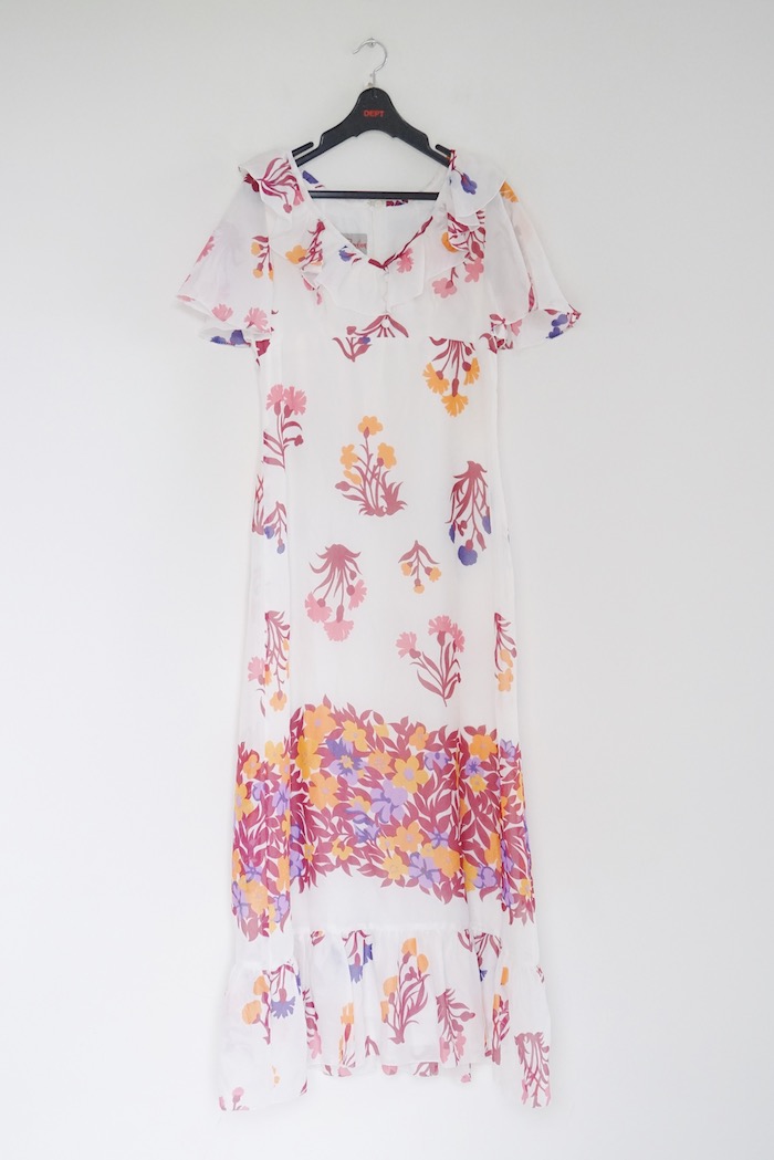 Flower printed frill long dress / WHITE